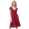 Belle Poque Frauen Casual Wein Red Cap Ärmel V-Ausschnitt High Stretchy A-Line Kleid BP000314-2